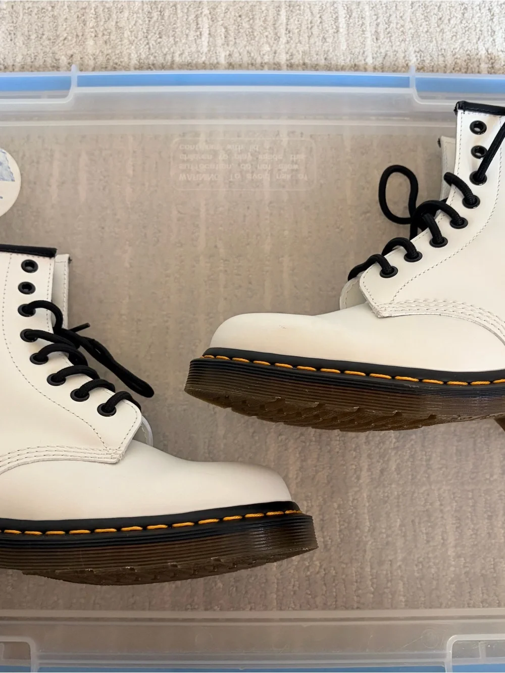 Dr. Martens White Leather 8-Eye Lace-Up Boots with Yellow Stitching